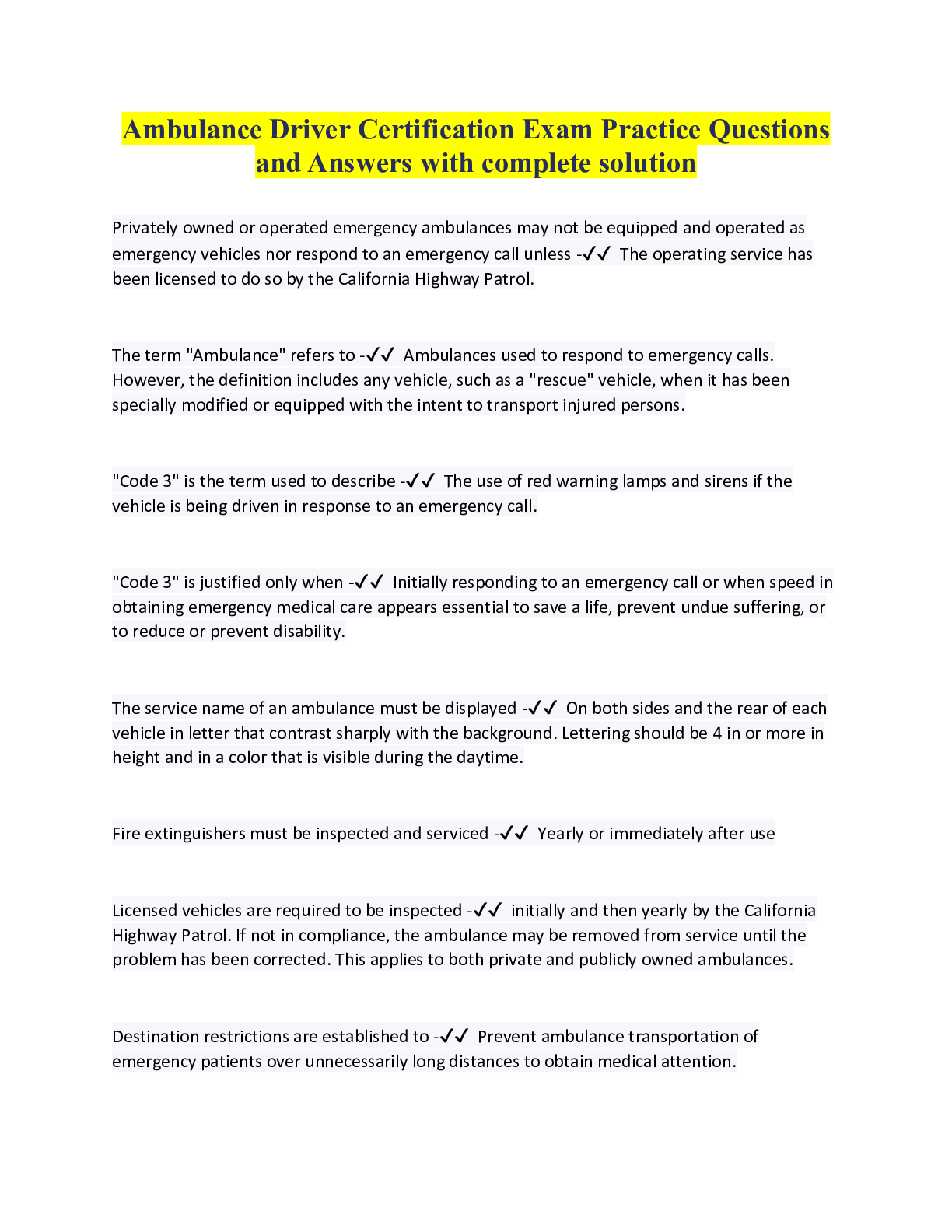 Preview image for Ambulance Driver Certification Exam Practice Questions and Answers with complete solution